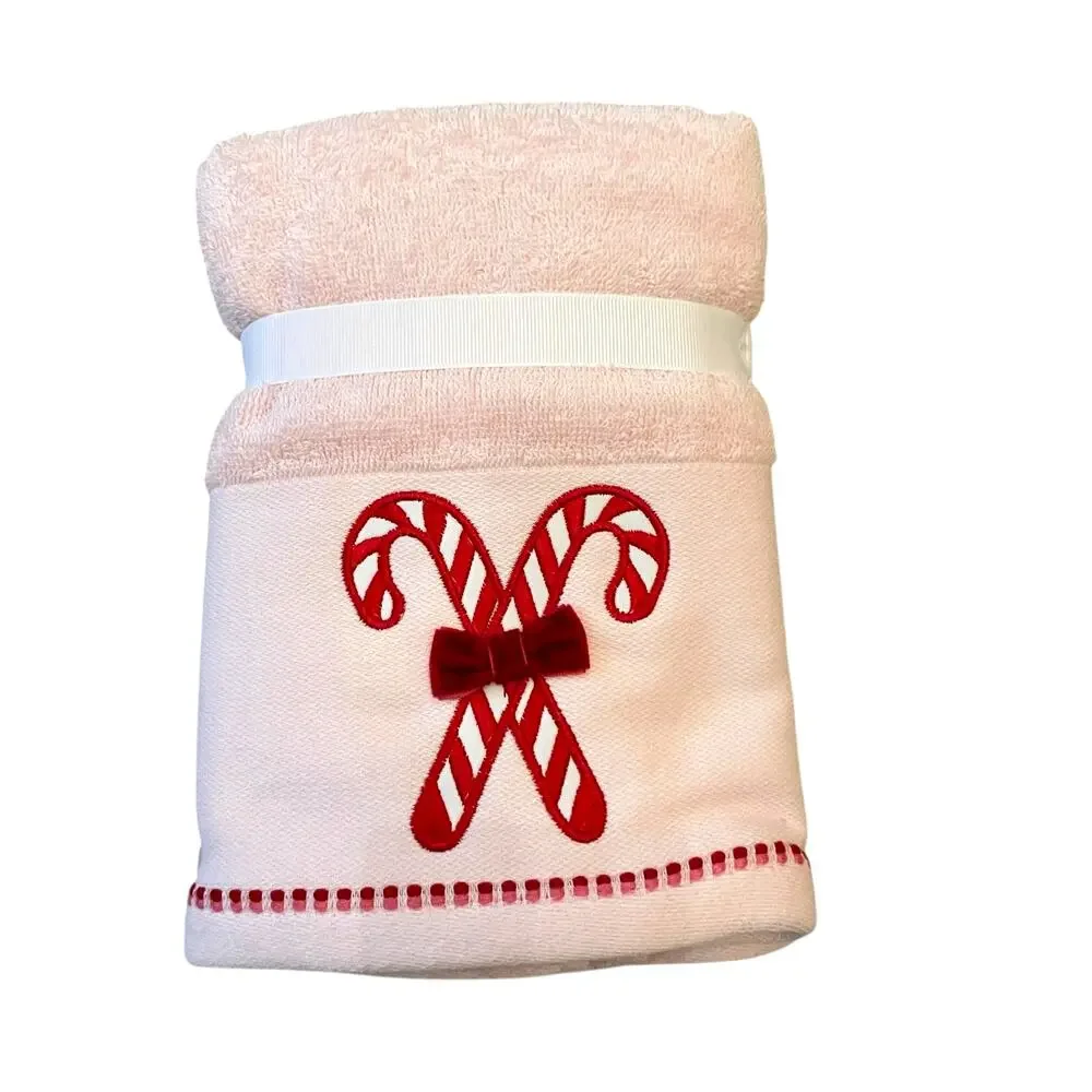 Set of 2 Pink Christmas Hand Towels Peppermint Candy Cane Bow 100% Cotton NEW